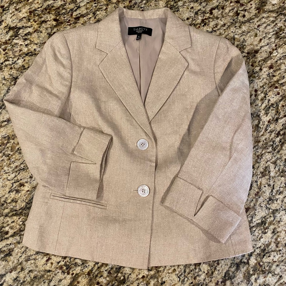 Talbots linen blazer, 8P, tan/gold metallic